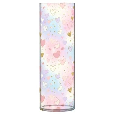 Imagem de CEBUGI Vaso de flores com estampa de corações 10 x 30 cm, vaso cilíndrico para flores, vaso transparente inquebrável para festa de casamento, decoração de casa