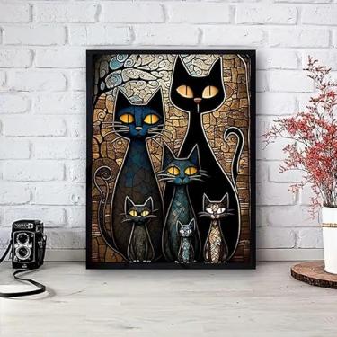 Imagem de Impressão em tela abstrata de gato sem moldura à prova d'água moderna azul preto laranja gatos olhos amarelos para sala de estar quarto escritório, 30 cm x 45 cm