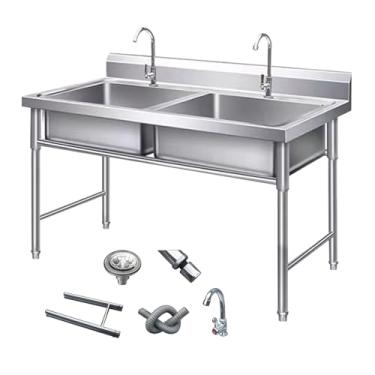 Imagem de Pia comercial de aço inoxidável com 2 compartimentos, pia industrial de cozinha, pias utilitárias de aço inoxidável, com kit de drenagem e torneira (120 x 70 x 80 cm)
