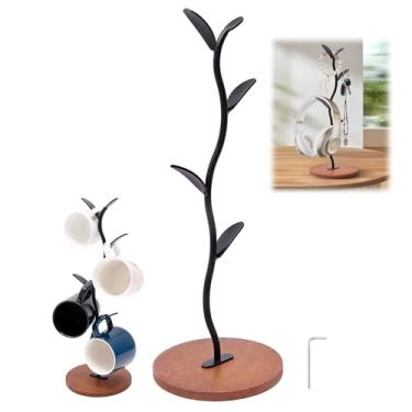 Imagem de Suporte de caneca de madeira, suporte de xícara de café de 15 x 40 cm, comporta 4 xícaras de café ou chá, suporte organizador de copos de café com base ponderada antiderrapante, acessório de bar