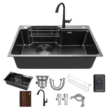 Imagem de Pia de cozinha, chuva voadora, cachoeira, aço inoxidável, embaixo da pia da cozinha, tigela única, com torneira removível e lavador de vidro pressurizado (pacote C)