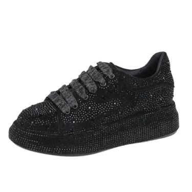 Imagem de AlkYutd Tênis esportivo feminino de strass brilhante plataforma cano baixo com cadarço, Strass preto, 34