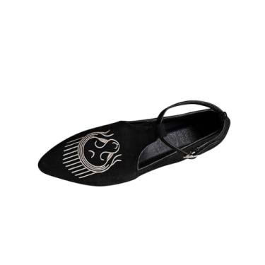 Imagem de Sapatos femininos de estilo étnico casual com fivela de bico fino e salto baixo com um design confortável para uso casual e uso interno e externo, Preto, 38