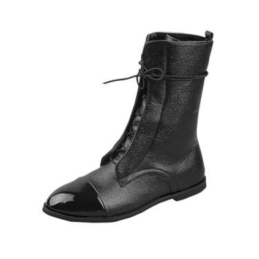 Imagem de Botas femininas modernas casuais de inverno cano médio com cadarço frontal bico redondo e emenda, Preto, 36