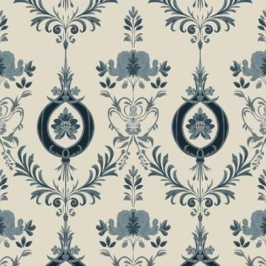 Imagem de Papel de parede floral azul descasque e cole papel de contato damasco vintage 43 cm x 38 cm vinil impermeável autoadesivo removível azul claro rolagem estilo tradicional papel de parede para quarto e