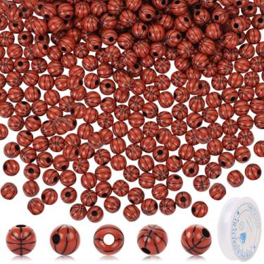 Imagem de 300 contas esportivas para fabricação de joias, contas de bola de basquete KISSBUTY em acrílico a granel com cordão elástico, conta espaçadora esportiva para pulseira de artesanato DIY, 12 mm