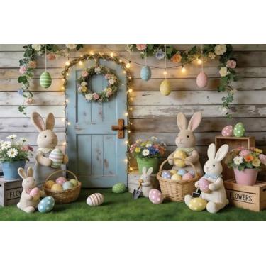 Imagem de Leowefowa Fundo de parede de madeira de Páscoa, primavera, 3 x 2,4 m, vinil, azul, porta de celeiro, grama, coelho, ovos, fundo, coelho, suporte, Páscoa, chá de bebê, decoração de festa, banner