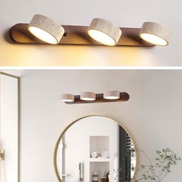 Imagem de WOSBO Luminária de travertino amarelo, luz de banheiro de madeira moderna Wabi Sabi de 50 cm, rotação de 360°, abajur de pedra natural, luminária de parede sobre espelho para banheiro, casa de fazenda