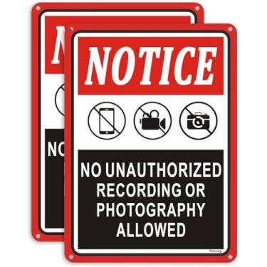 Imagem de Aviso Não Permitido Gravação Não Autorizada ou Fotografia Permitida, 25 x 17 cm Metal Alumínio Refletivo À Prova de Intempéries Fácil de Instalar Pacote com 2