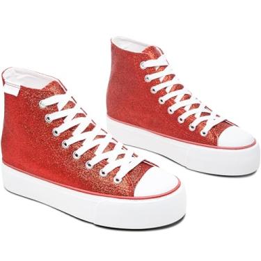 Imagem de ALTOCIS Tênis feminino confortável de plataforma de cano alto, casual de cano médio, tênis moderno de camurça sintética, tênis clássico de caminhada com cadarço, Glitter vermelho, 40