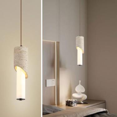 Imagem de WOSBO Luminária pendente travertino amarelo, luminária pendente Wabi Sabi de 30 cm com abajur de pedra de meio cilindro inclinado, luminária suspensa de concreto estilo nórdico para quarto, sala de