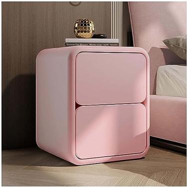 Imagem de Mesa de cabeceira moderna - Mesa de cabeceira de madeira maciça com 2 gavetas - Design criativo para quarto - Mesa lateral de couro estreita - Armário de cabeceira versátil