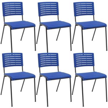 Imagem de Kit 06 Cadeiras Empilhável Fixa Escritório Multiuso Base Preta Kimi P03 Azul - Lyam Decor