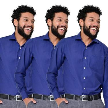 Imagem de Kit 3 Camisas Social Masculina Lisa Manga Longa Camisaria Colombo, Azu