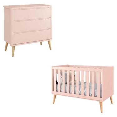 Imagem de Berço Americano E Cômoda Infantil Gaveteiro Theo Rosa Com Pés Madeira Natural - Reller
