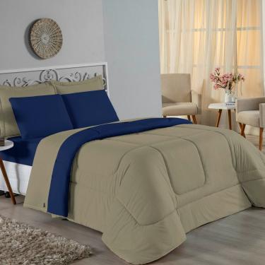 Imagem de Kit Edredom Dupla Face + Jogo De Lençol King Nobre 6 Peças Malha 100% Algodão - Avelã / Azul-marinho
