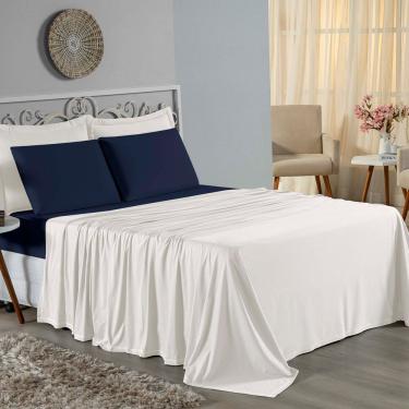 Imagem de Jogo De Cama King Nobre 4 Peças Lençol Com Elástico De 30cm De Altura Malha 100% Algodão - Palha / Azul-marinho