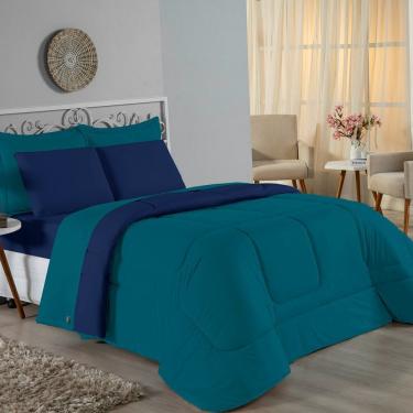 Imagem de Kit Edredom Dupla Face + Jogo De Lençol Casal Viúva Nobre 7 Peças Malha 100% Algodão - Petróleo / Azul-marinho