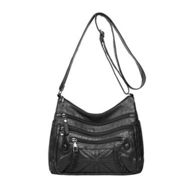 Imagem de Bolsa de ombro feminina com vários bolsos em couro PU macio preto - ta