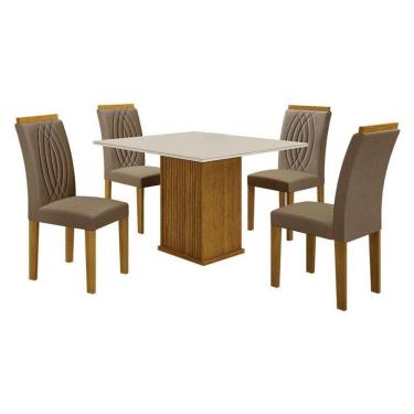 Imagem de Mesa De Jantar Napoli 90x90 Reto Freijó Decor Off White Com 4 Cadeiras Doha Mdf Freijó Joli Camurça - Leifer Móveis