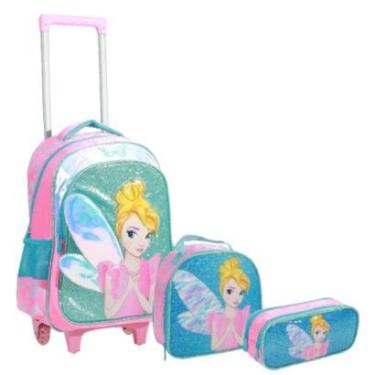 Imagem de Kit Mochila Rodinhas Fada Infantil Escolar Lancheira Estojo Rosa-Feminino