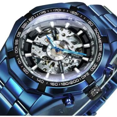 Imagem de Relógio Masculino Automático Winner Esportivo Aço Inoxidável, Azul Pre