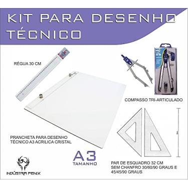 Imagem de Kit Desenho Técnico Prancheta Engenharia Arquitetura Edificações A3 ACRILICO Par Esquadro 32 cm Compasso Cis 303 Regua 3