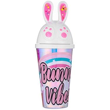 Imagem de Copo de viagem de pata de gato com canudo rosa copo de festa copo de gelo congelante caneca de presente para aniversário (vibrações de coelho, branco, 430 ml)
