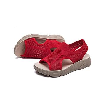 Imagem de Sandália Air Mesh Peep Toe salto plano lateral vazada tira traseira para mulheres e homens, pull-on liso casual sapatos de verão, Vermelho, 6.5-7.5 X-Wide Women/5-6 X-Wide Men