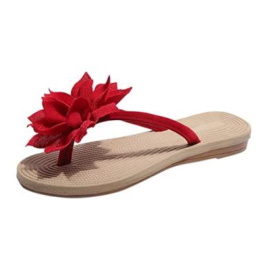 Imagem de Chinelos Moda Chinelos Flores Verão Praia Sandálias Sapatilhas Sapatos Mulheres E Chinelos para Mulheres Fuzzy Tamanho 11, Vermelho, 9