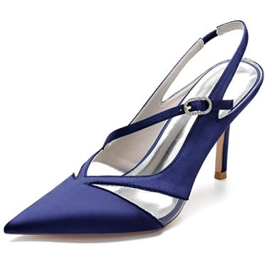 Imagem de Sapato feminino Slingback Mary Jane 8,5 cm salto alto de casamento bico fino strass quadra vestido de festa trabalho sapatos de formatura, Azul-escuro, 7
