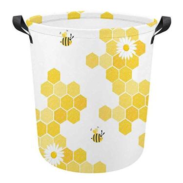 Imagem de Cesto de lavanderia grande redondo com alças, padrão favo de mel, cesta de armazenamento de abelhas, caixa organizadora dobrável à prova d'água para roupas de berçário