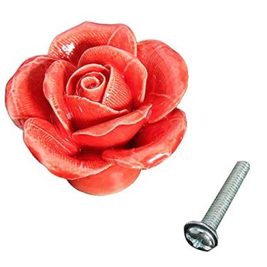 Imagem de 1 Pçs Rose Puxadores de cerâmica Gaveta de armário de cozinha puxa puxador de móveis banheiro cozinha puxadores de porta de móveis puxar móveis, vermelho