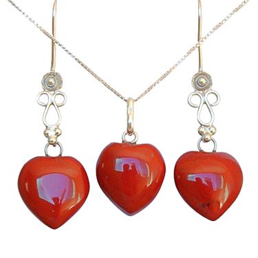 Imagem de Conjunto Brinco Colar NLux Coração Jaspe Vermelho Prata 950
