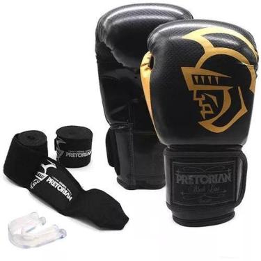 Imagem de Kit Luva Boxe-Muay Thai+Protetor Bucal+Bandagem Preto 10Oz