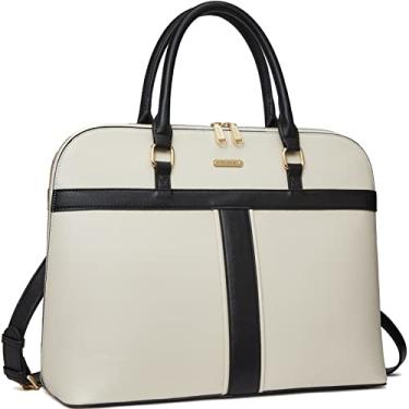 Imagem de Telena Bolsa feminina de couro para laptop, bolsa de ombro de 15,6 polegadas, bolsa de mão para mulheres, bolsa de mão de grande capacidade, Bege preto, Pasta Fashional