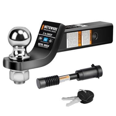 Imagem de METOWARE Suporte de bola de engate de reboque com bola de 5 cm, serve para receptor de 5 cm, engate de bola de capacidade de 2721 kg, queda de 5 polegadas, haste oca com trava de engate de 1,5 cm, preto