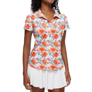 Imagem de Loovoo Camisetas femininas de golfe de manga curta gola V casual polo secagem rápida para treino, F - floral laranja, G