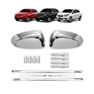 Imagem de kit Jogo aplique de maçaneta + Par aplique de retrovisor + Aplique Friso Slim Esportivo Personalizado + Tampa de válvula Grand Siena 2013 2014 2015 2016 2017 2018 2019 2020 2021 Kit Cromado
