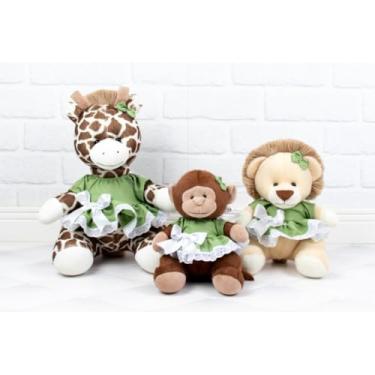 Imagem de Conjunto de bichos de pelucia Safari Girafa 22cm/Leão 18cm/Macaco 15cm- vestido com lese (VERDE)
