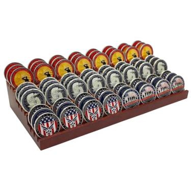 Imagem de 6 Rows Military Challenge Coins Stand Holder Display Rack Wooden Army Collectible Challenge Coin Display Case Wood Stand, Holds 30-38 Coins Natural Solid Wood Brown American Flag (Mahogany)