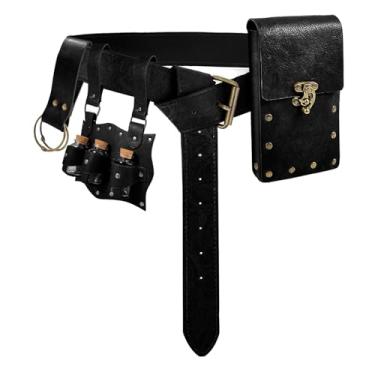 Imagem de Bolsa de cinto, bolsa de cintura, pochete steampunk, suporte de telefone, bolsa medieval, cinto de couro, acessórios para fantasia de cosplay renascentista (3 garrafas preta), Preto, Medieval