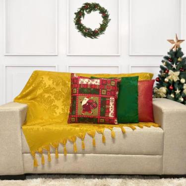 Imagem de Kit Manta Xale de Sofá com 3 Capas de Almofadas Decorativa de Natal Na