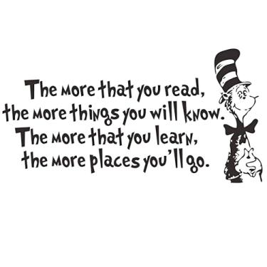 Imagem de Adesivos de vinil removível preto Dr. Seuss The More That You Read, The More Things You Will Know Inspirational Education para decoração de parede para quartos de crianças, sala de estar, sala de aula, escritórios, 12"x22"