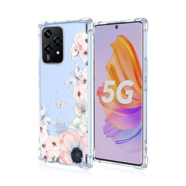 Imagem de RRXSYXL Capa para celular Huawei Honor 200 Lite com estampa floral e borboletas transparentes, proteção à prova de choque, capa de TPU macio para Huawei Honor 200 Lite (flores rosa/borboletas)