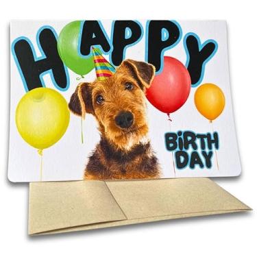 Imagem de Fava Bean Productions Cartão de feliz aniversário com cães, cartão Airedale Terrier (1 cartão premium, 12,7 x 18 cm, em branco dentro), cartão de aniversário com tema de cachorro, cartão de