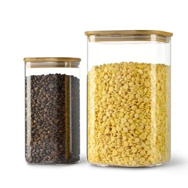 Imagem de D2scrma Vasilha de armazenamento quadrada de vidro hermético de 156 onças e 52 onças com tampa de bambu conjunto de 2 (4600 ml * 1 1550 ml * 1) potes de vidro grandes de galão para açúcar, f