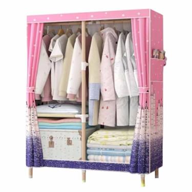 Imagem de Guarda-roupa Armário de guarda-roupa resistente dobrável grosso madeira maciça montado oxford pano único tecido dormitório aluguel pano guarda-roupa armário