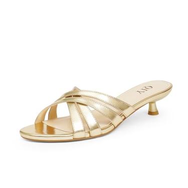 Imagem de QIY Sandálias de salto gatinho com bico arredondado aberto sem cadarço Mules femininas salto baixo com tiras 3,5 cm sandálias de salto alto para festa, Dourado, 35