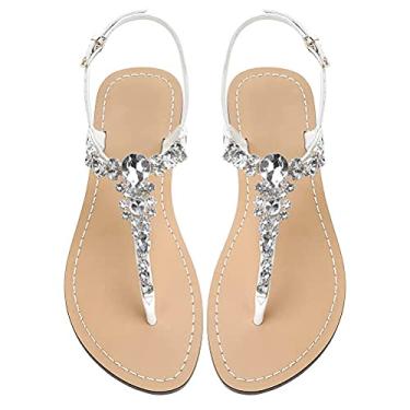 Imagem de AIJIVOU Sandálias rasteiras femininas de strass, chinelos femininos com clipe de bico anelado com strass de cristal e joias para verão, praia, praia, praia, férias ao ar livre, Branco #3, 38